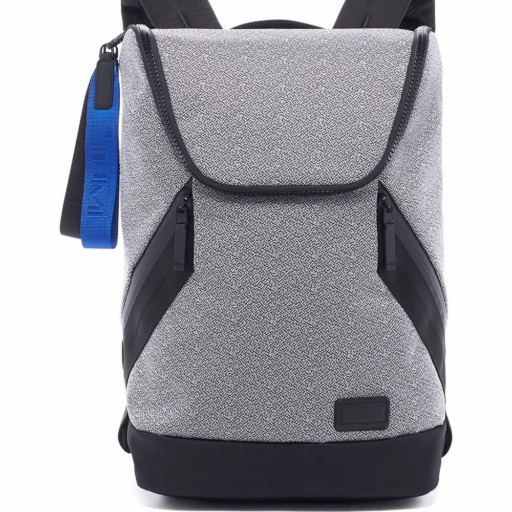 Tumi Gray & Black Textured Backpack with Blue Accent Strap